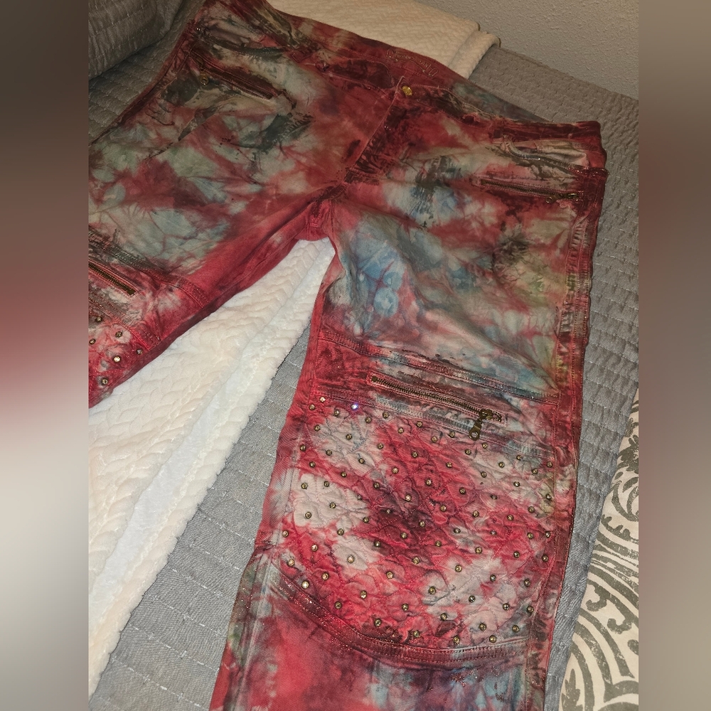 ⭐️Sz44 Robin's Jean Bleach Tie-Dyed Studded & Crystal Embellished Jeans Unisex